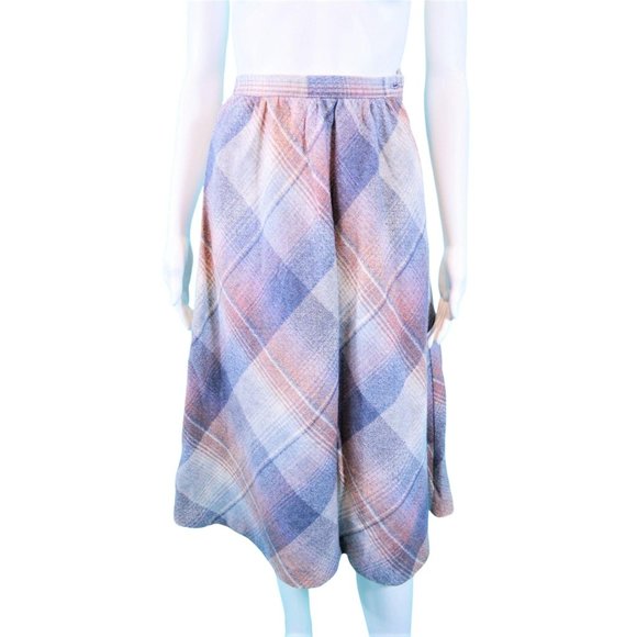 Vintage 1970s Plaid Wool Skirt Fall Gray Mauve A Line | W 23" - Picture 2 of 7